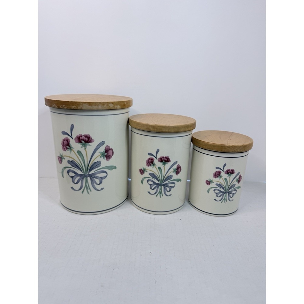 Set Of 3‎ Lenox 'Poppies on Blue' Canisters Wood Lids Made In USA Vintage